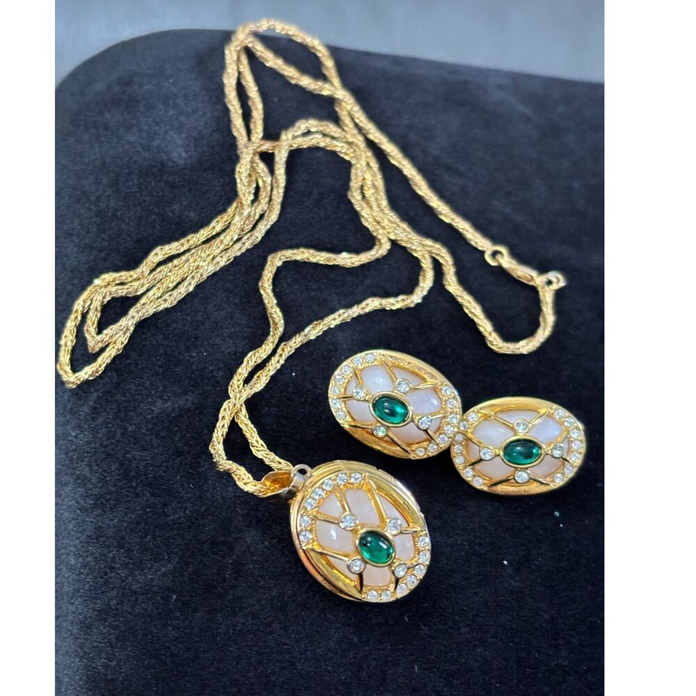 Vintage Joan Rivers Gold Tone Crystal Locket Necklace with Earrings Set